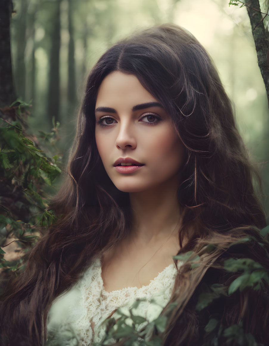 Young woman with wavy brown hair in white lace dress amid misty woodland.