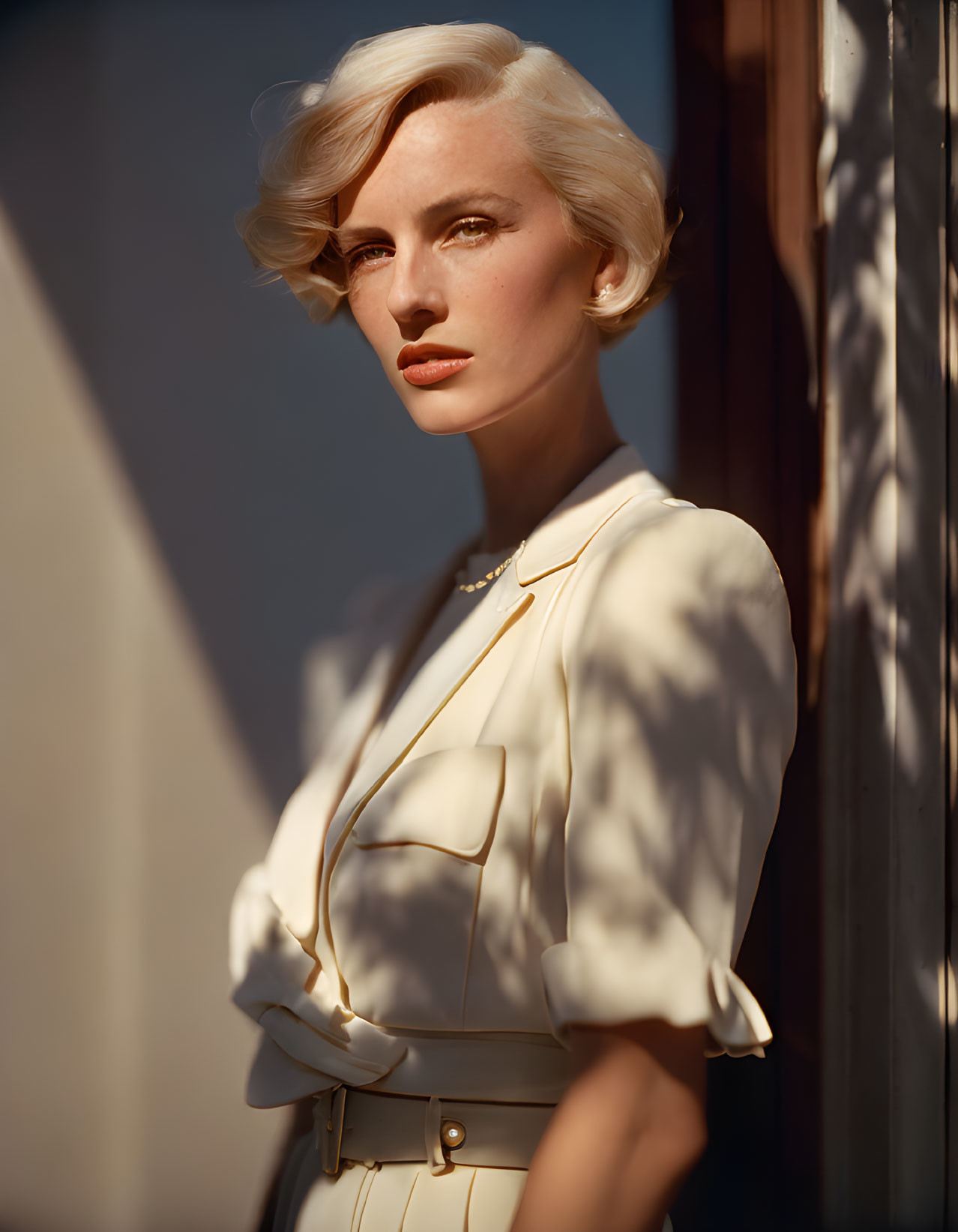 Blonde woman in cream vintage outfit by shadowed doorway