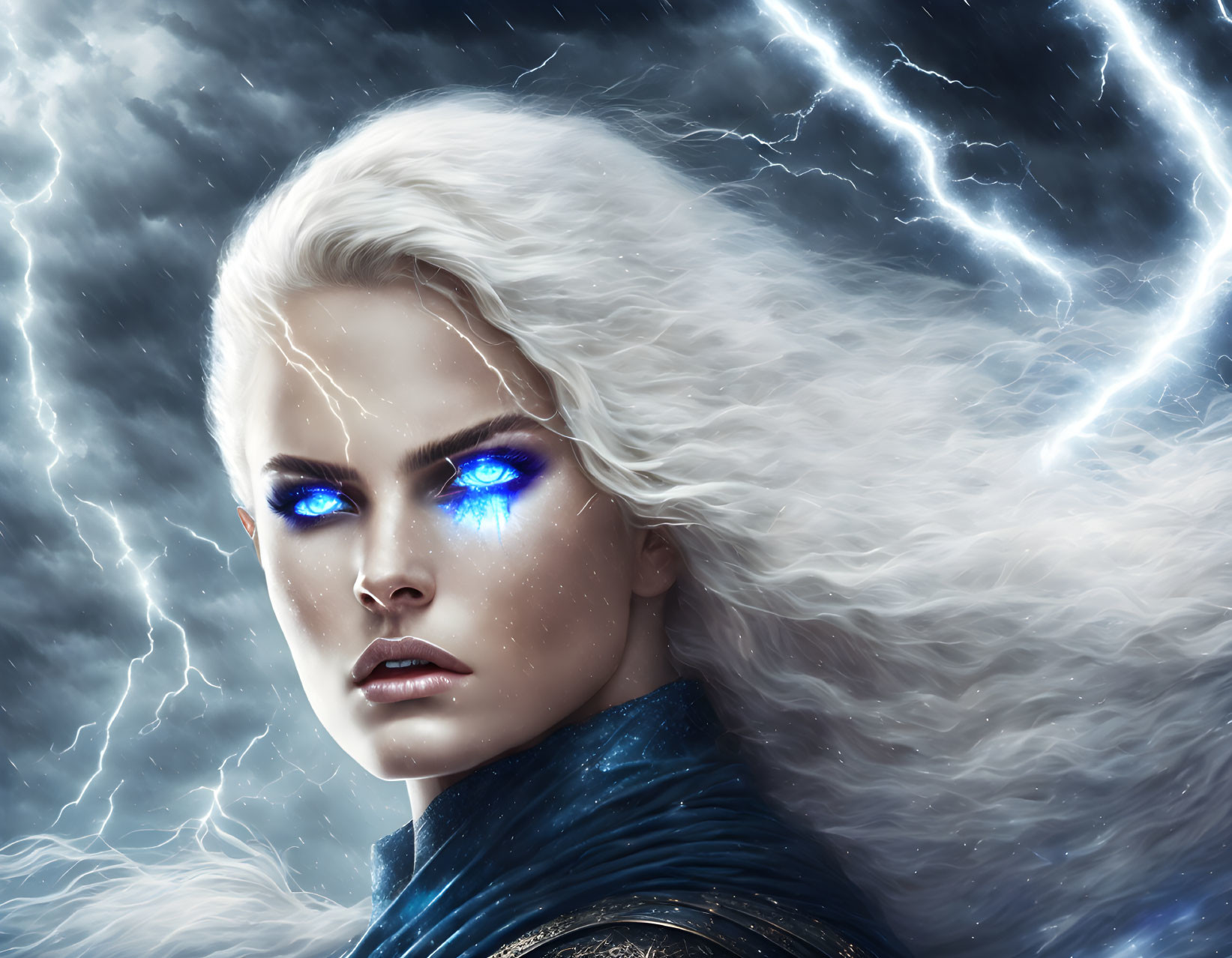 Digital artwork featuring woman with pale skin, blue eyes, white hair, stormy background