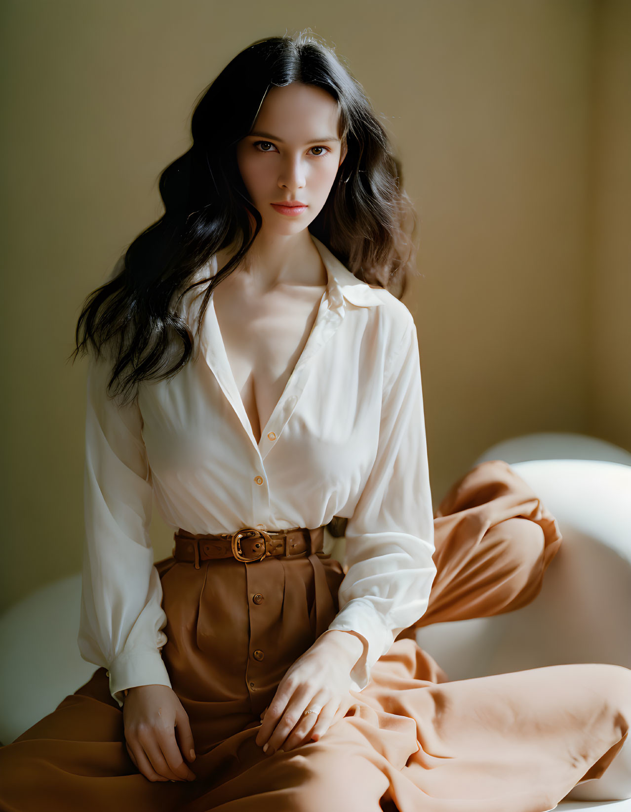 Woman with long dark hair in white blouse and brown skirt sitting gracefully