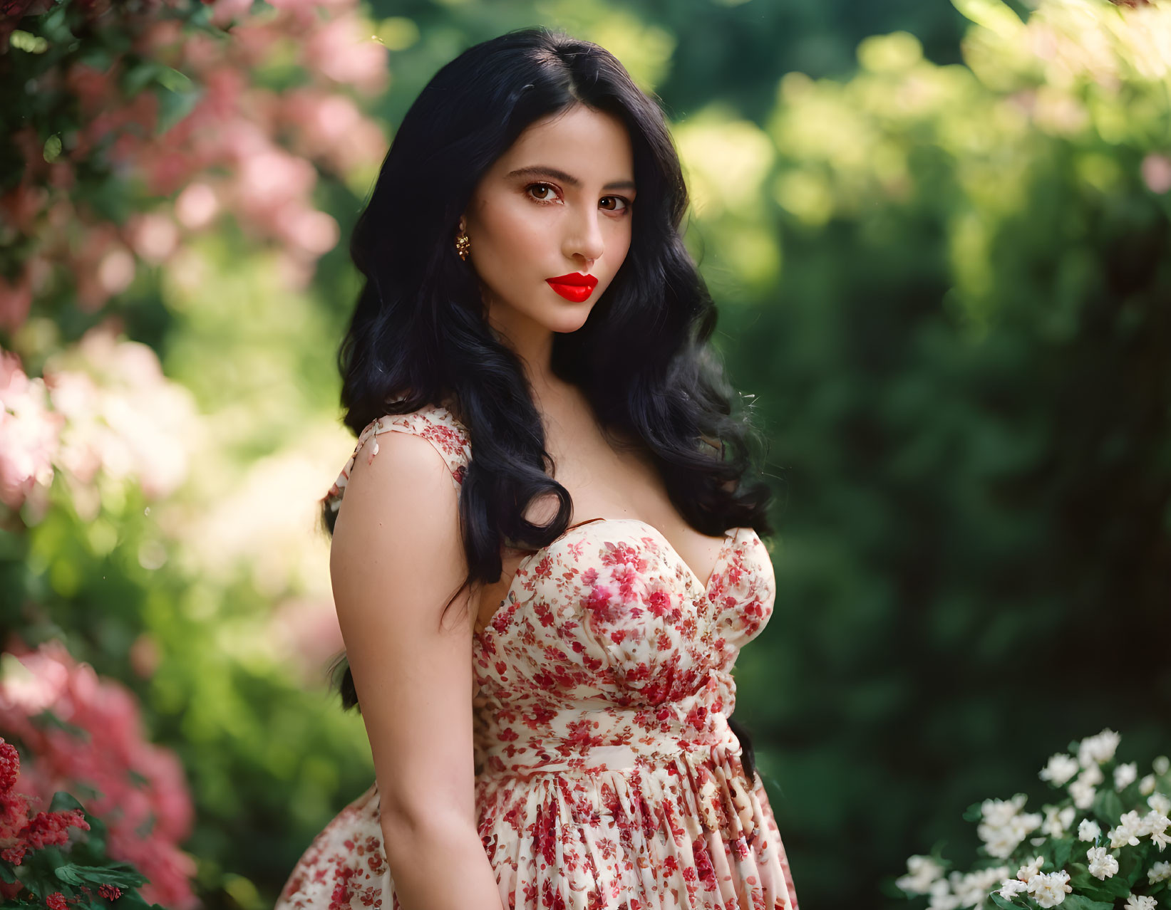 Dark-haired woman in floral dress surrounded by vibrant flowers