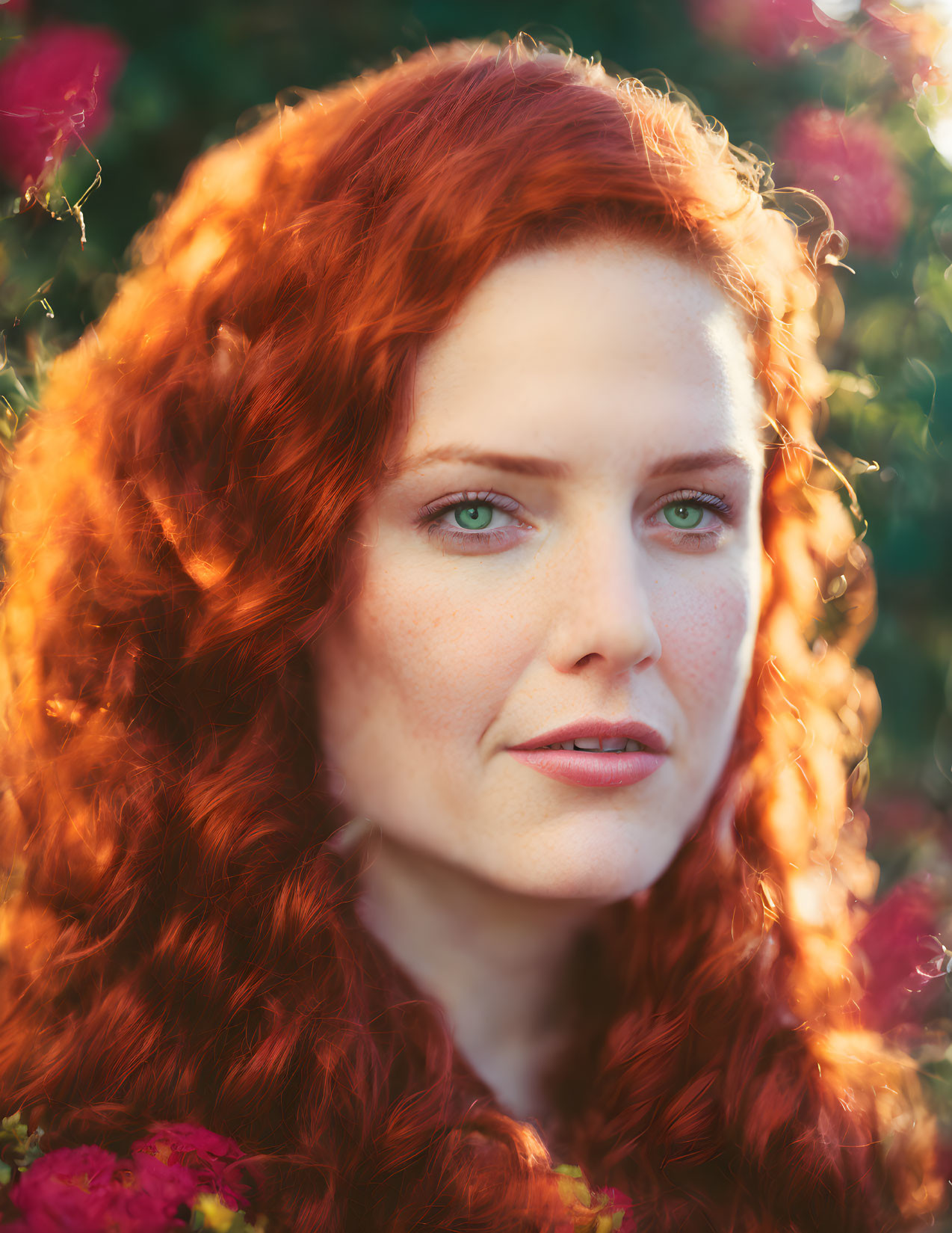 Curly Red-Haired Woman with Green Eyes in Sunlight and Pink Flowers