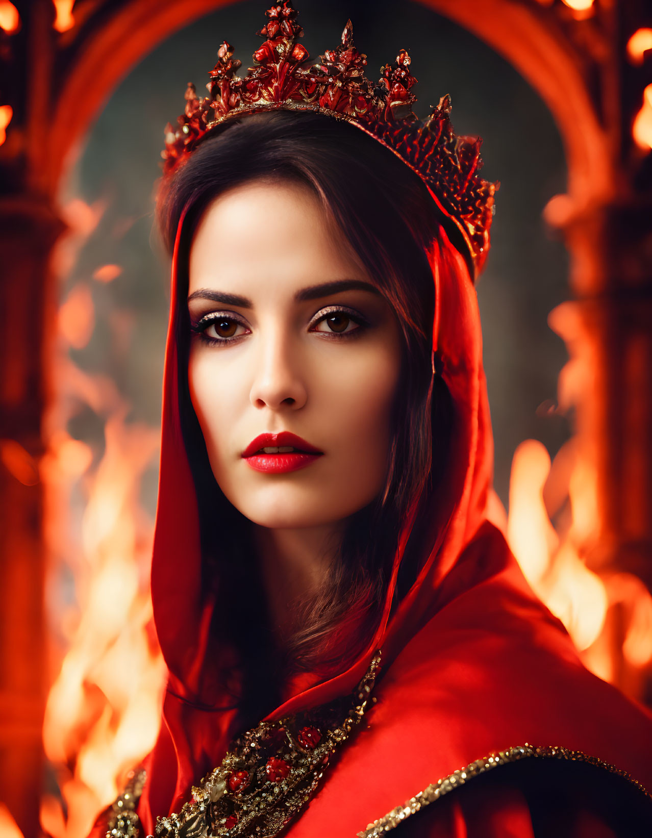 Solemn woman in red cloak with crown against fiery backdrop