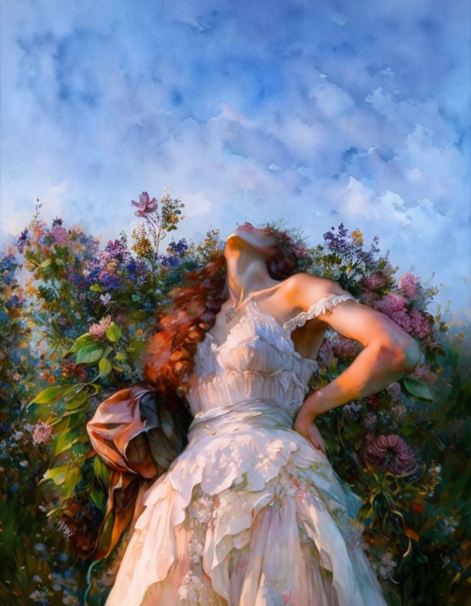 Woman in white dress reclining among wildflowers under blue sky