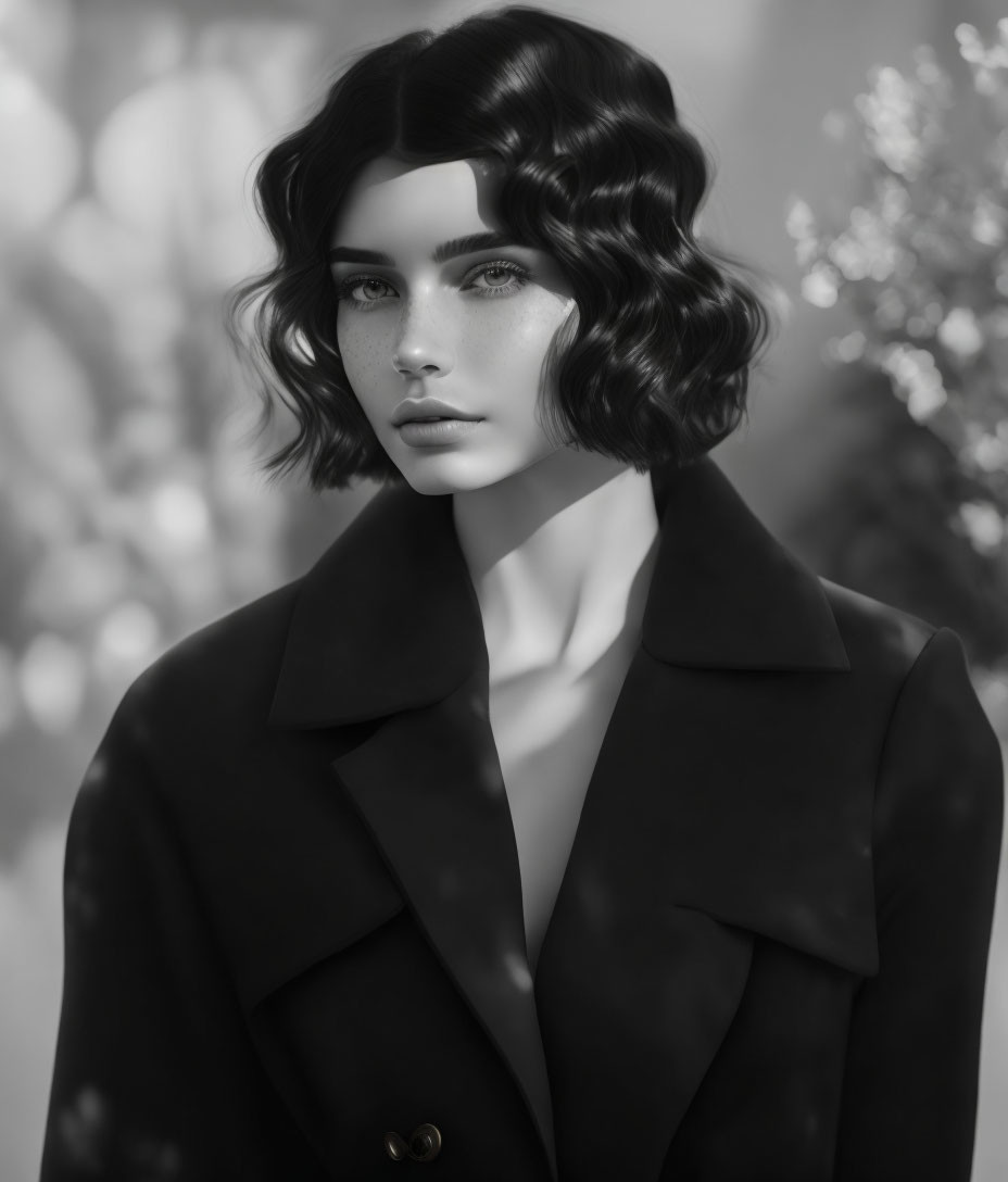 Monochrome portrait of woman with short wavy hair in coat