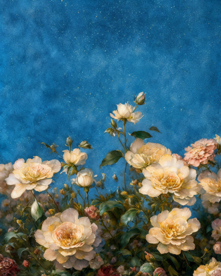 Vibrant pink and yellow roses on textured blue background