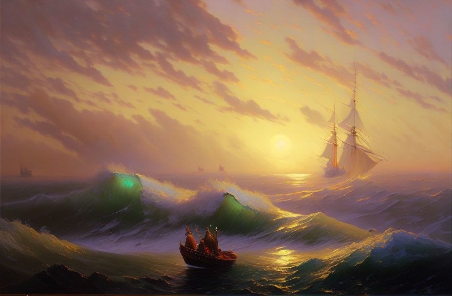 Small boat and large ship sailing on tumultuous seas at sunset with golden sunlight piercing through cloudy sky