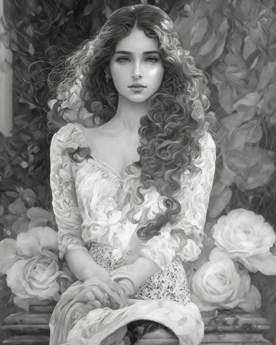 Monochromatic image: Woman with curly hair among roses