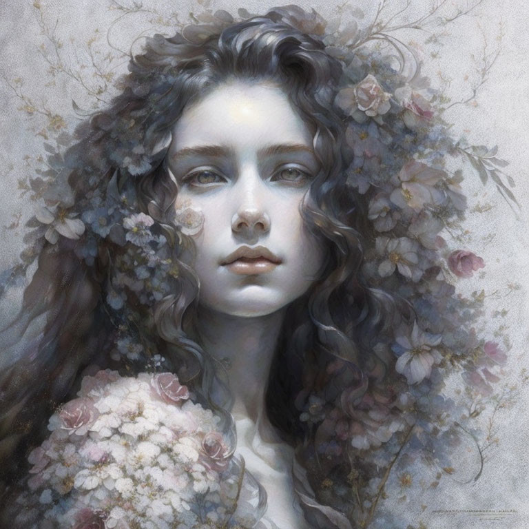 Portrait of Woman with Wavy Hair and Pale Flowers on Ethereal Background