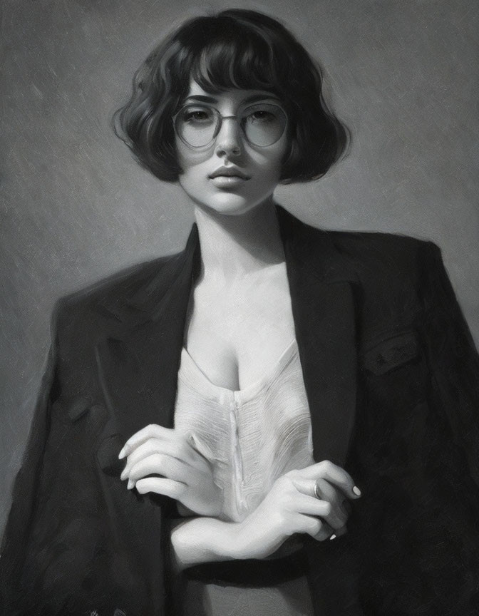 Monochrome portrait of woman with bob haircut and round glasses