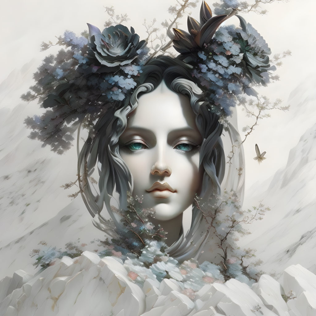 Surreal feminine portrait with white hair, flowers, antlers, butterflies, and foliage