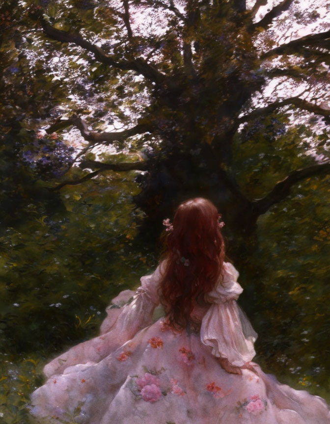 Red-haired person in pink floral dress under tree in sunlit garden