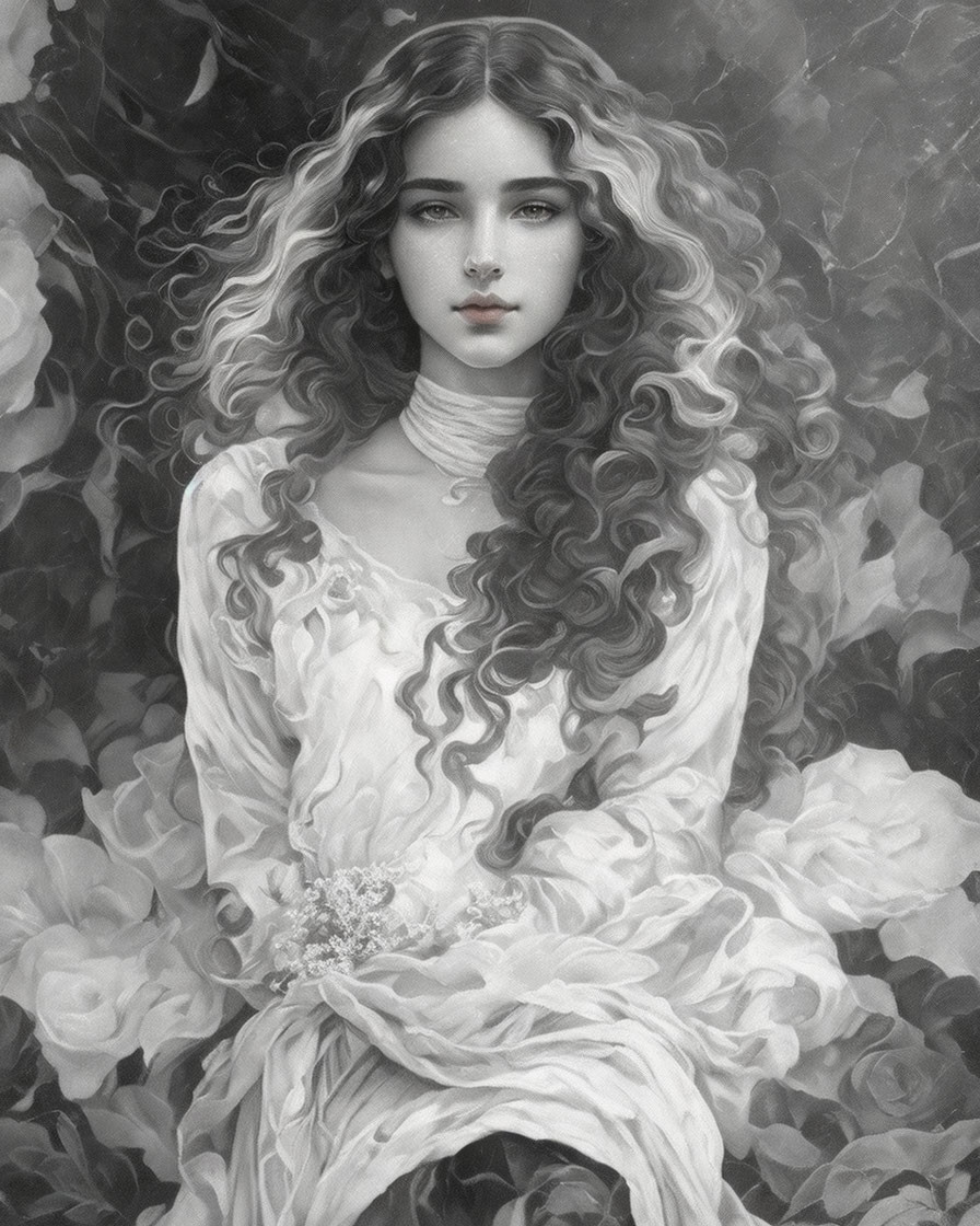 Monochrome portrait of woman with long, curly hair and serene expression surrounded by ethereal flowers