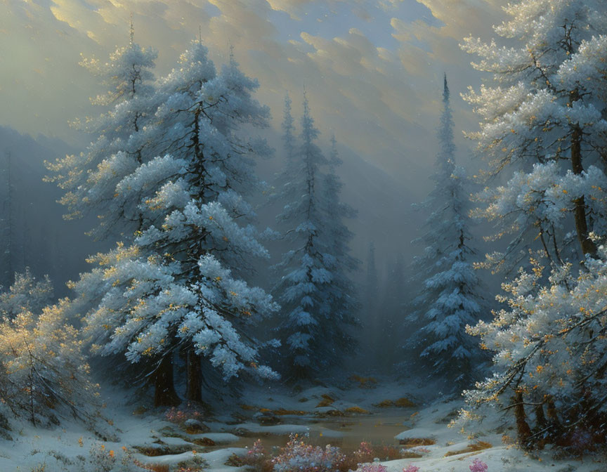 Snow-covered trees and gentle stream in misty winter forest landscape