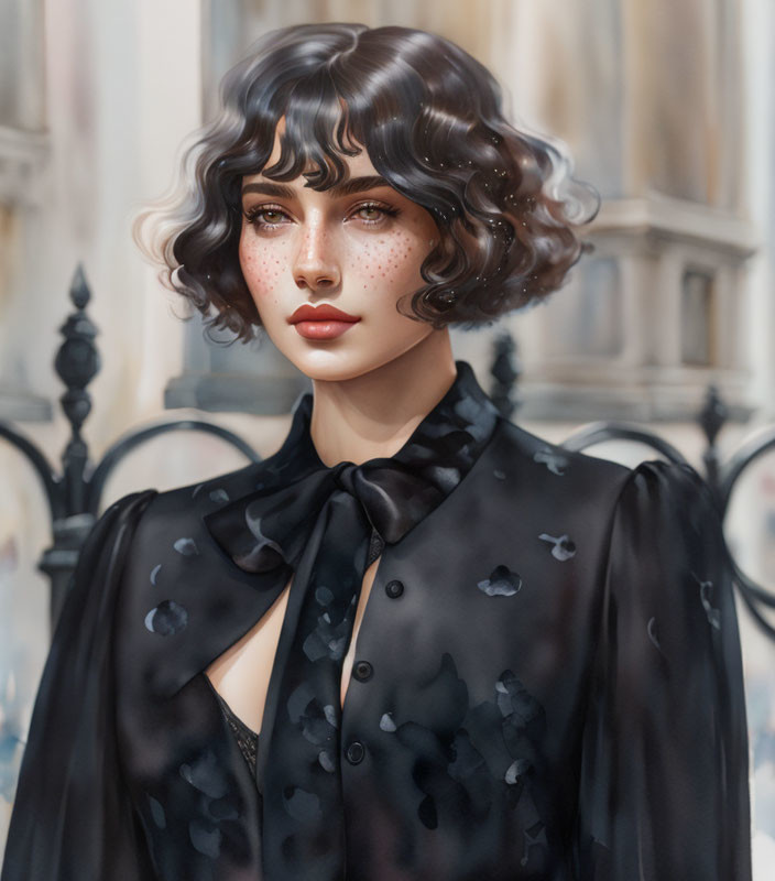 Illustrated woman with short curly hair in sheer black blouse against architectural backdrop