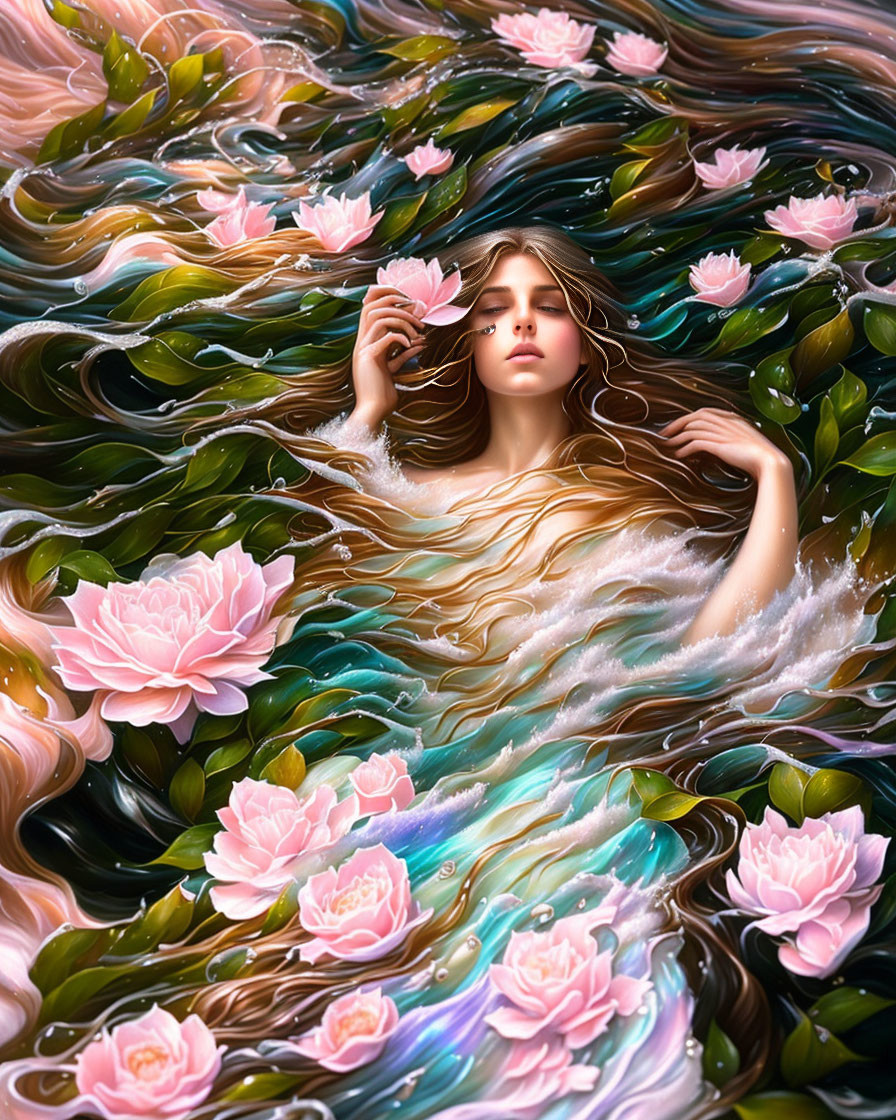 Surreal image: Woman in water with swirling hair and lotus flowers