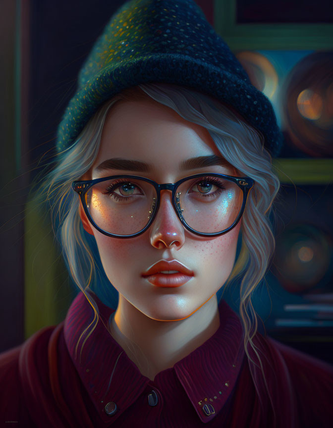 Digital portrait of young woman with glasses, blue eyes, blonde hair, and green beanie under warm