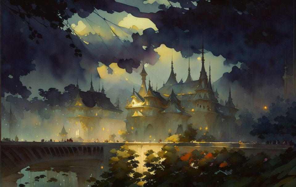 Fantasy castle illustration at dusk with glowing lights and bridge.