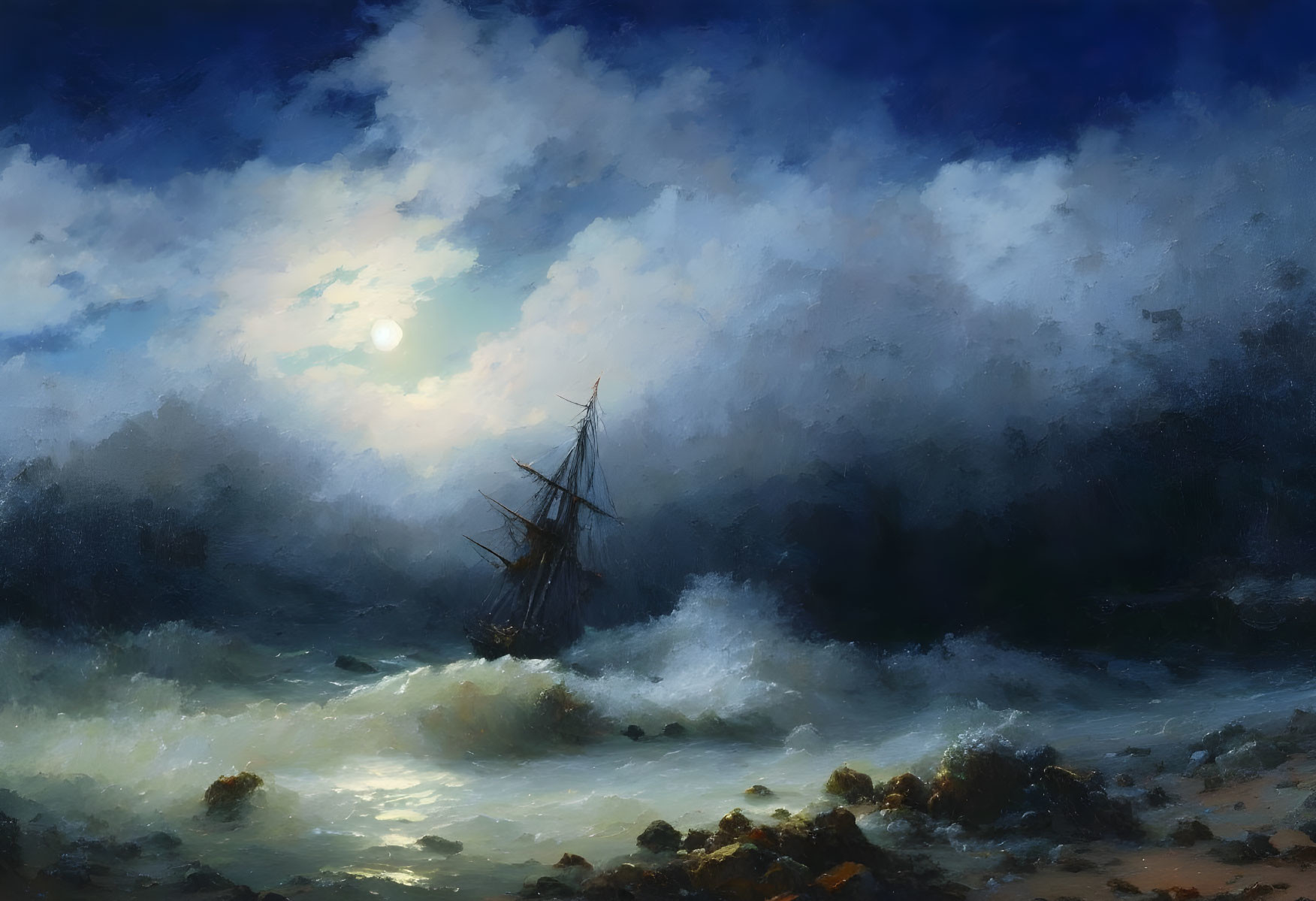 Shipwreck painting: Full moon illuminates turbulent night seas