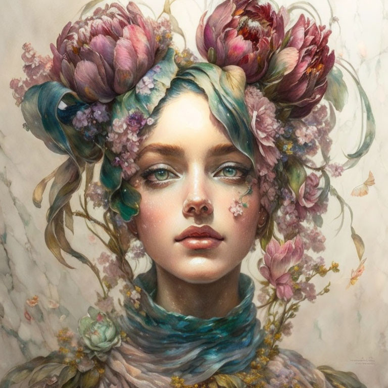 Woman's Portrait with Blue Hair, Pink and Purple Flowers, Serene Expression, and Butterflies