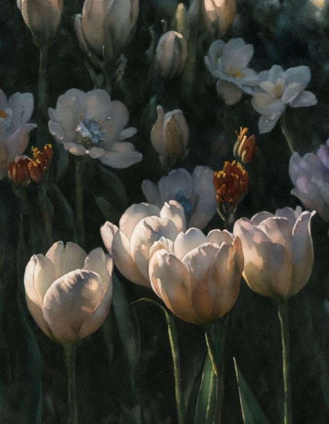 Close-up Painting of White and Red Tulips on Dark Background