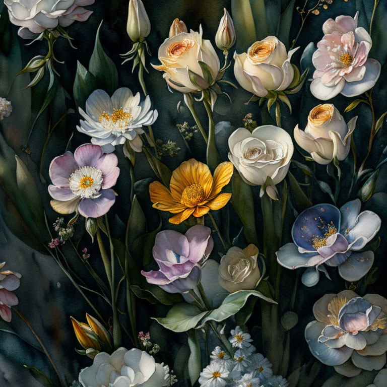 Detailed Painting of Roses, Anemones, and Foliage