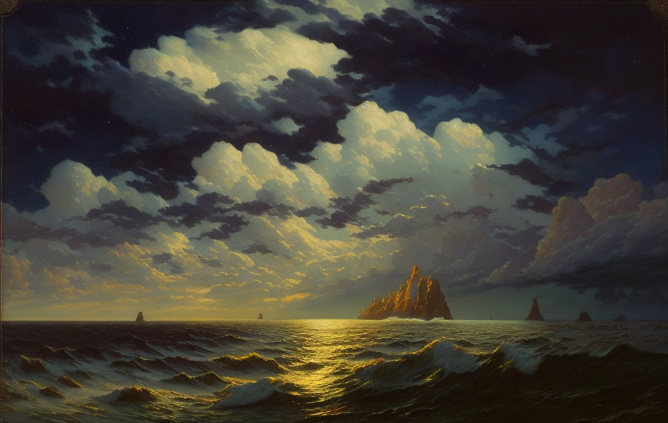 Dramatic seascape with dark clouds and golden sun glow