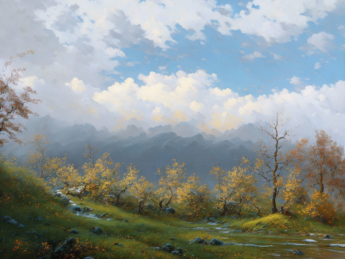 Tranquil landscape painting: lush meadow, misty mountains, cloudy sky, golden-leaved