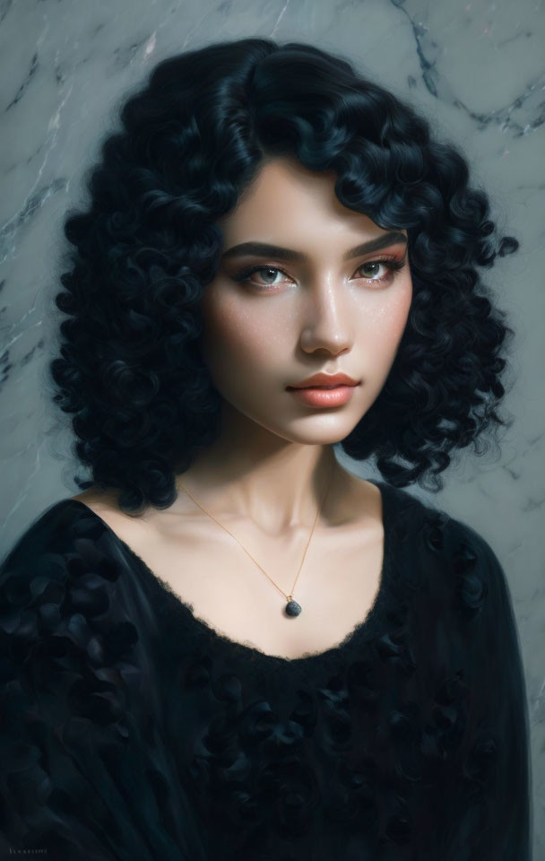 Portrait of woman with curly black hair, hazel eyes, fair skin, dark blouse.