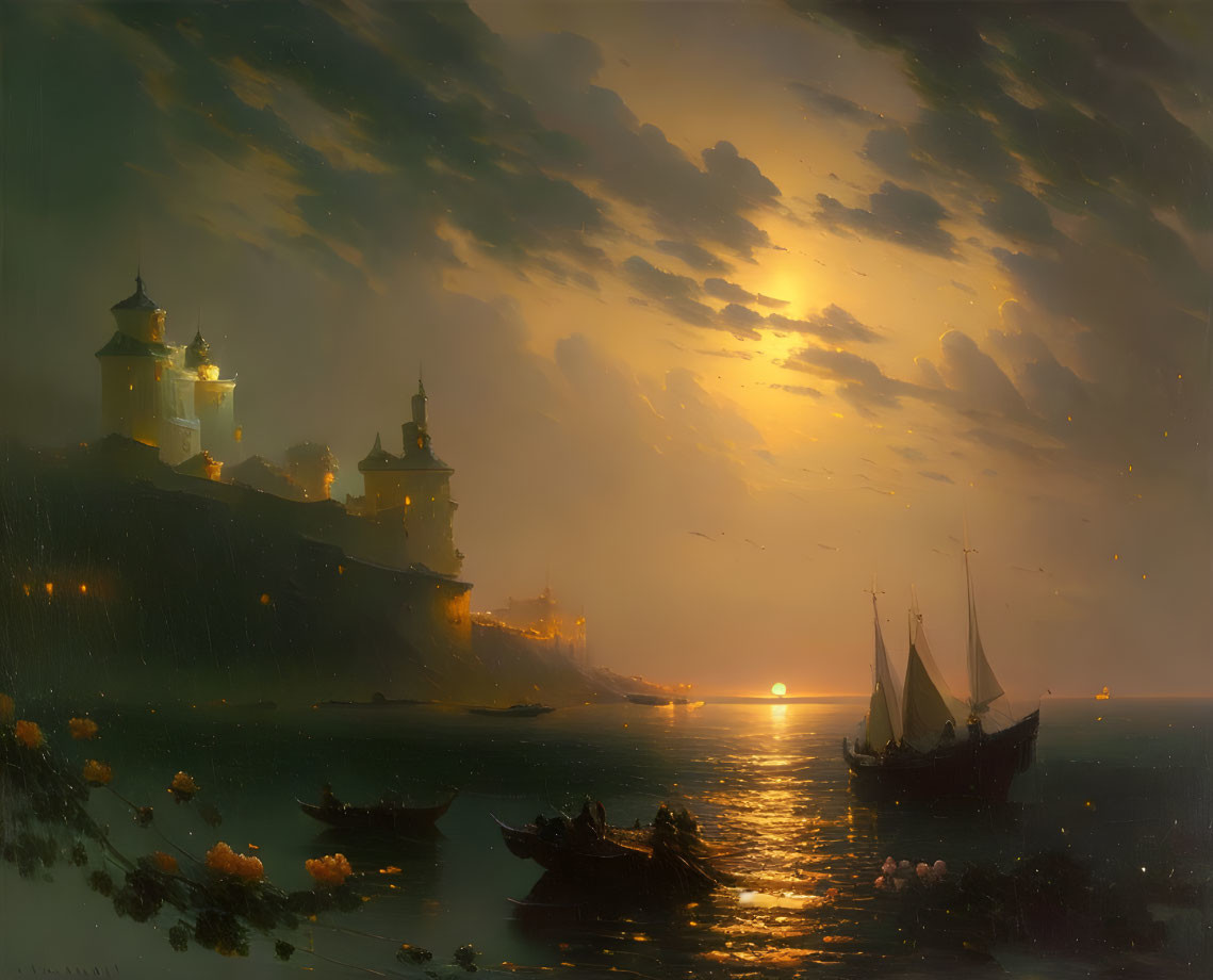 Sunset seascape with boats, glowing castle, and dramatic sky