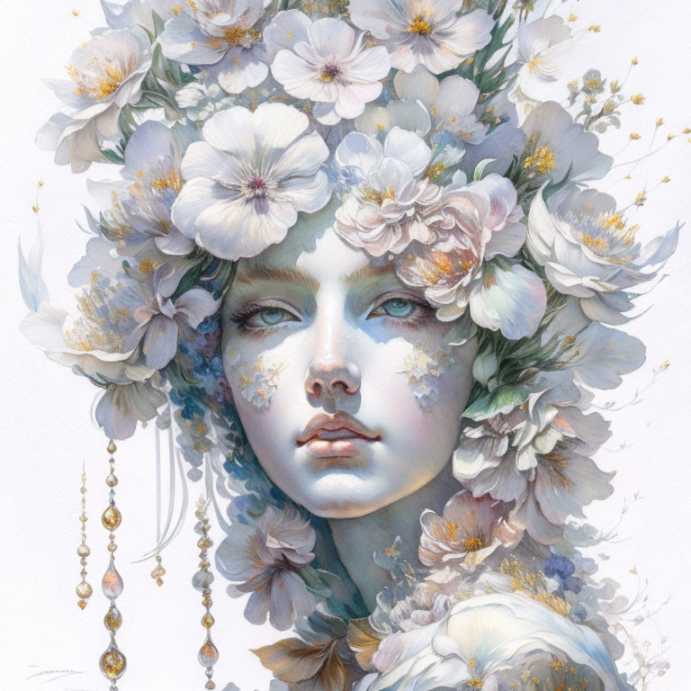 Surreal woman portrait with white flower wreath and golden earrings