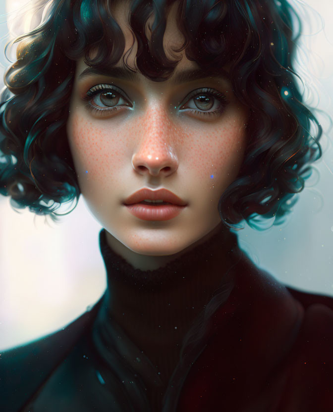 Portrait of a person with curly black hair and hazel eyes in black turtleneck