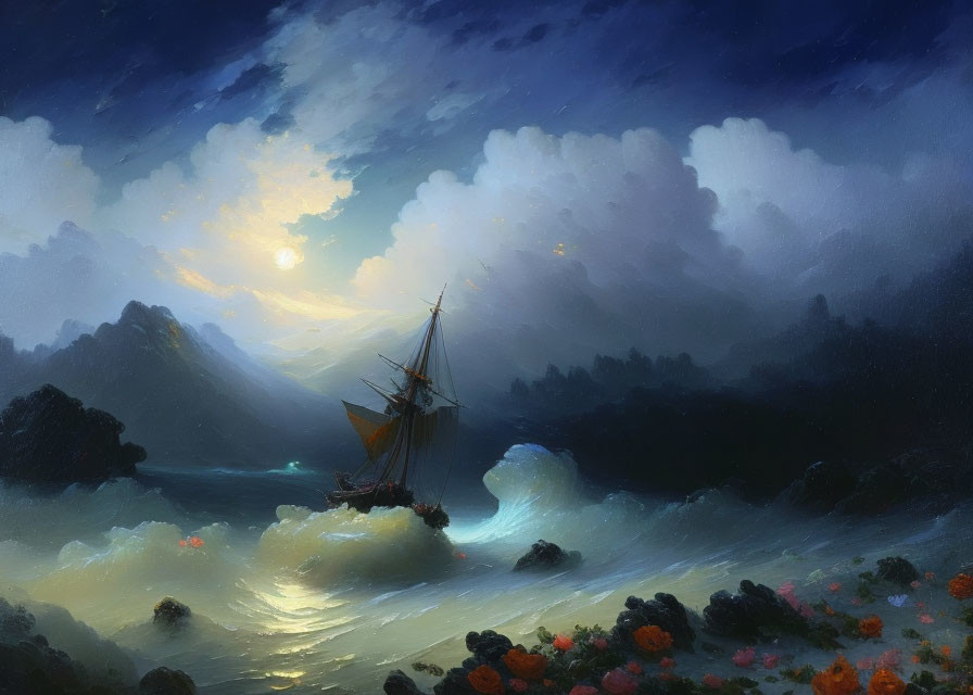 Moonlit sailboat in turbulent waters near rocky mountains