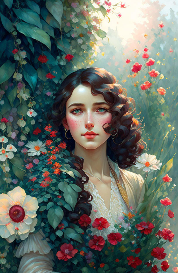 Young woman with dark curly hair in lush greenery and vibrant flowers