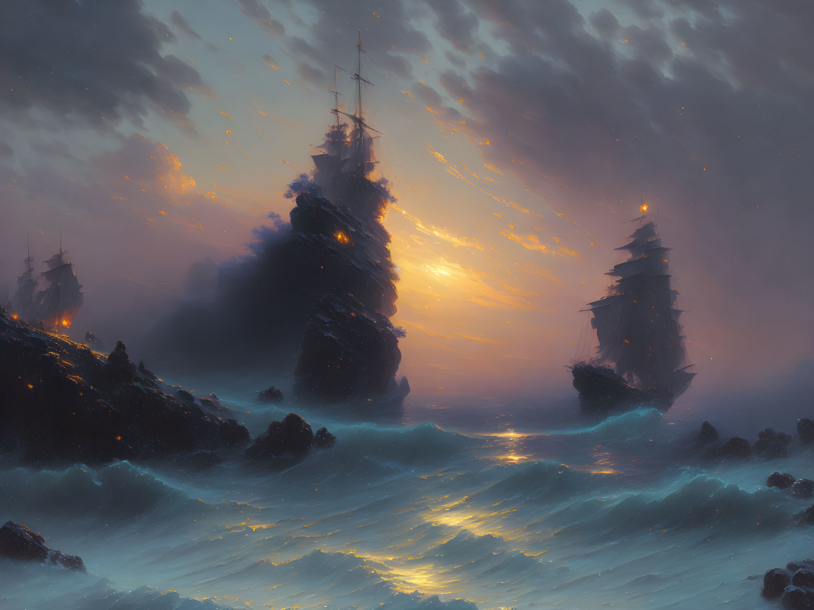 Sailing ships in stormy seas near rocky outcrops at sunset