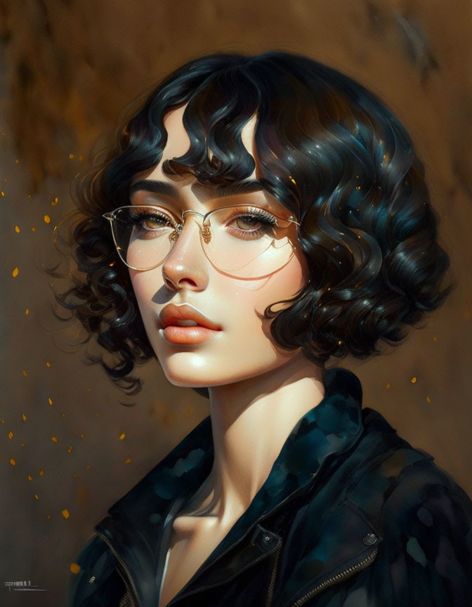 Curly-Haired Person with Glasses on Ochre Background