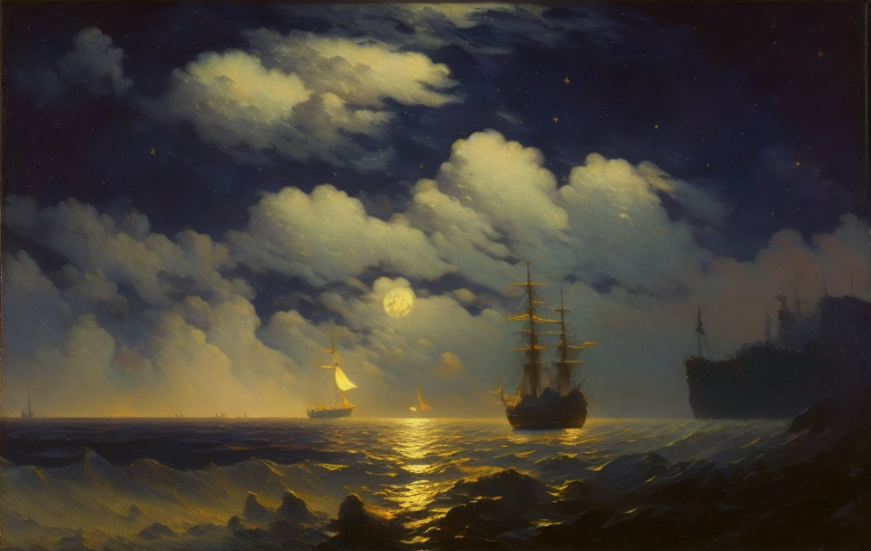 Nocturnal seascape with sailing ships under full moon