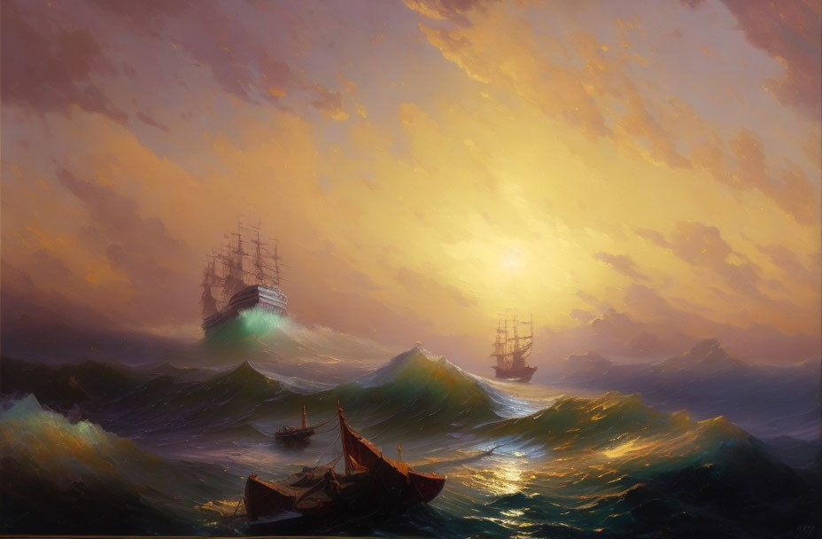 Golden-hued sky over sailing ships in tumultuous seas