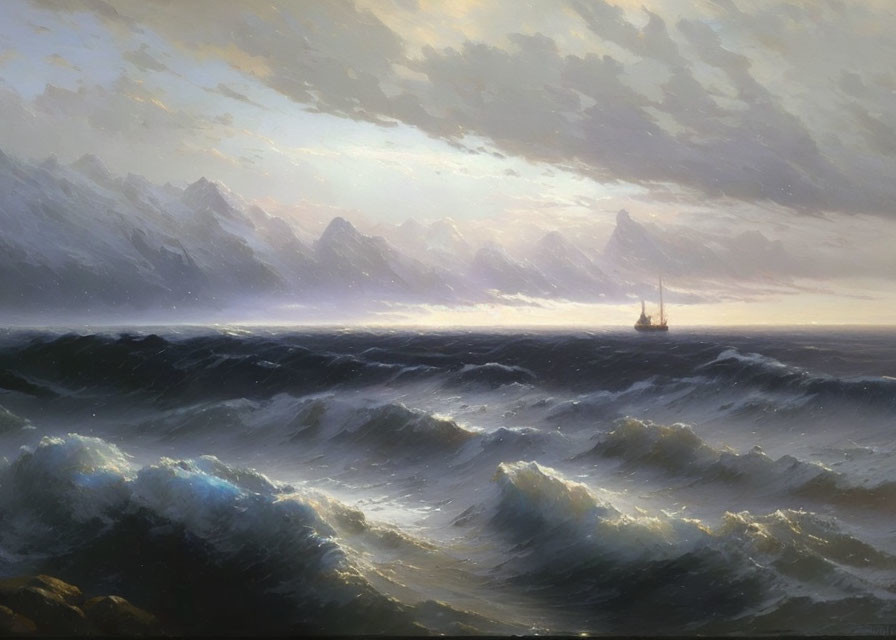 Dramatic seascape with sailing ship, turbulent waves, and mountain backdrop