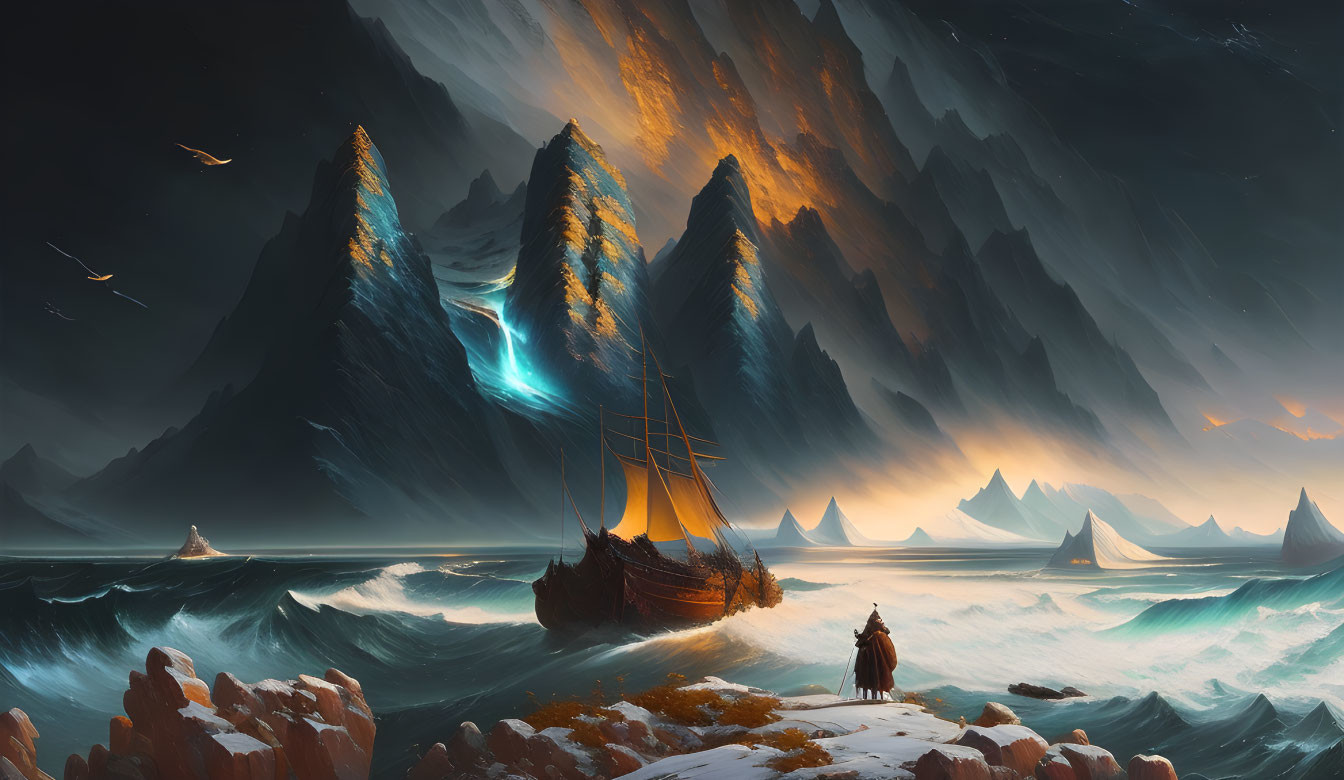 Glowing ship in icy seas under orange sky with lone observer