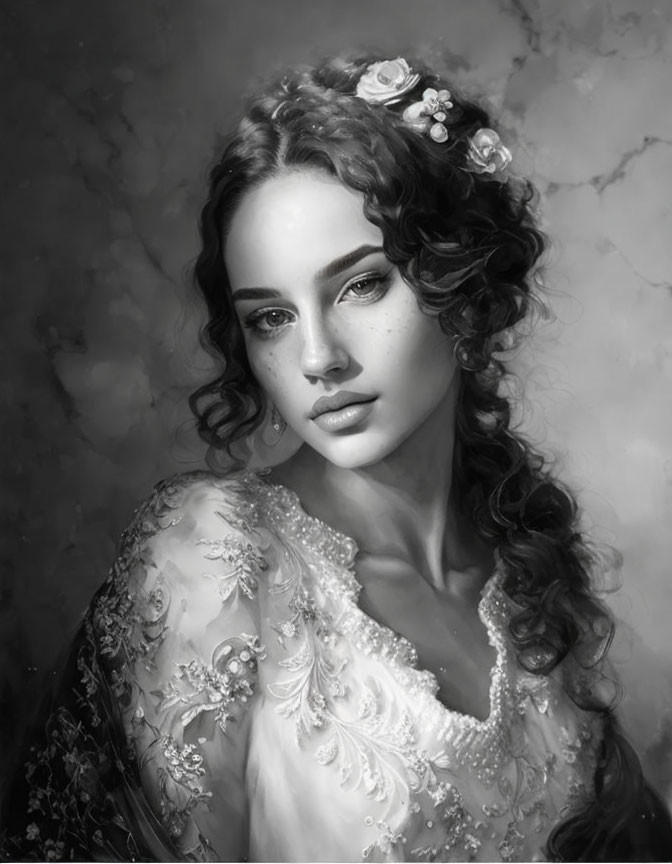 Monochrome portrait of woman with curly hair, flowers, pearl necklace, and embroidered dress