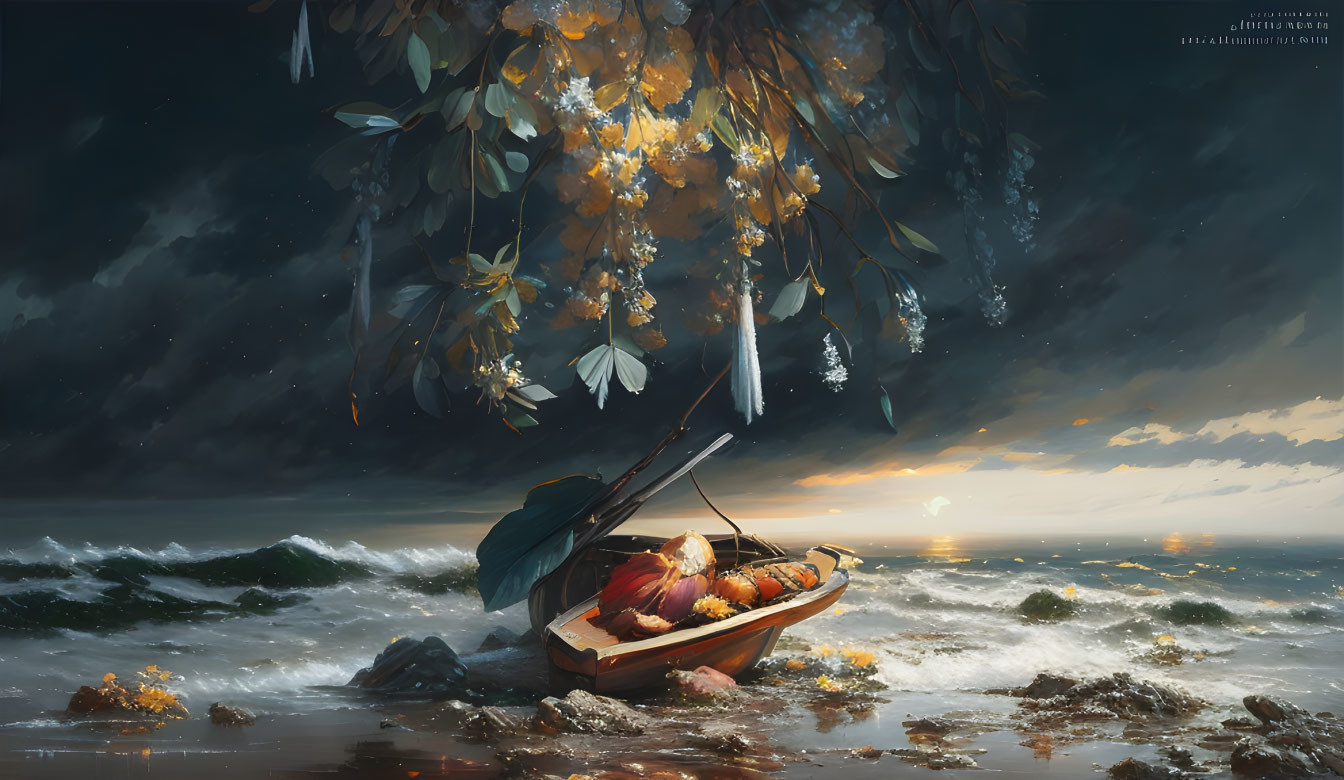 Small boat with pumpkins on shore under golden tree with stormy skies and distant sunset.