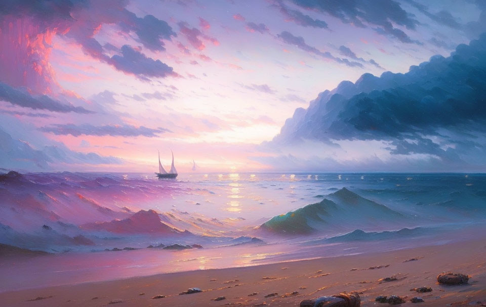 Tranquil sunset seascape with pink and blue skies, sailboat, and storm cloud