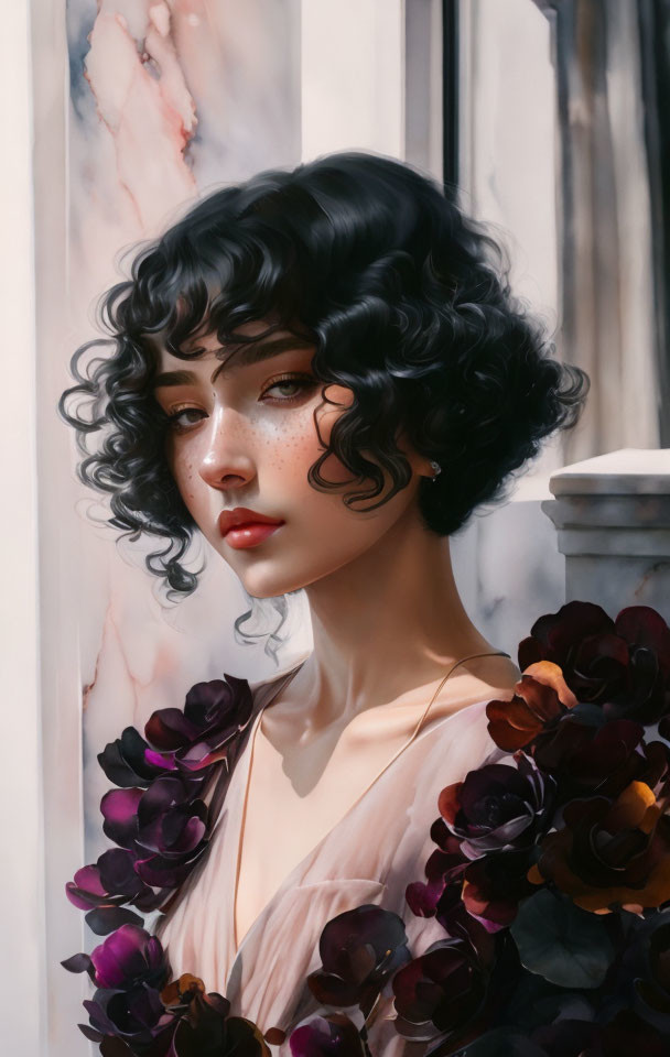 Portrait of a Woman with Curly Black Hair and Freckles in Pale Outfit with Dark Flowers