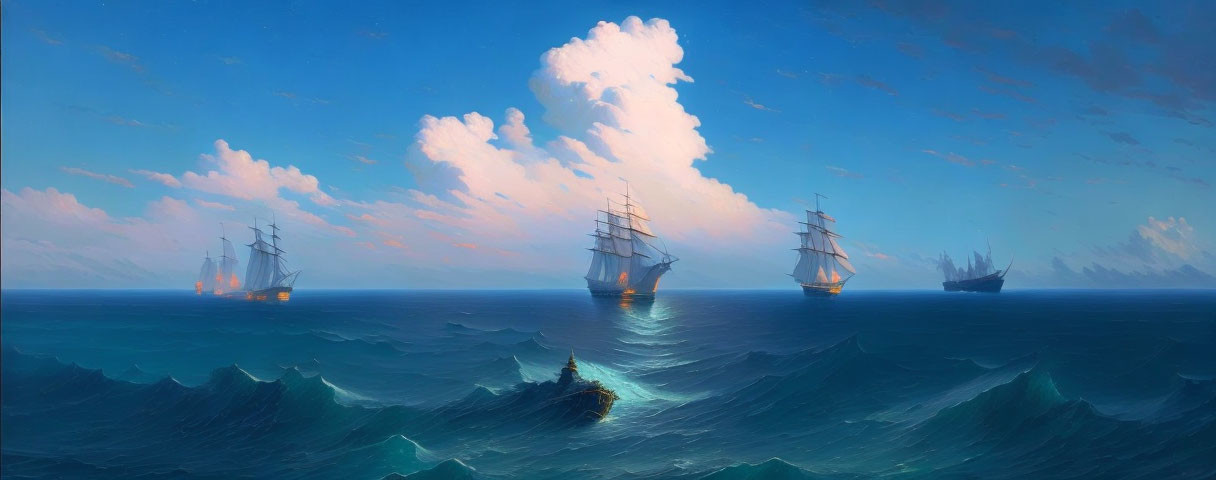 Tranquil seascape: tall ships, gentle waves, vast sky