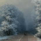 Snow-covered trees and gentle stream in misty winter forest landscape