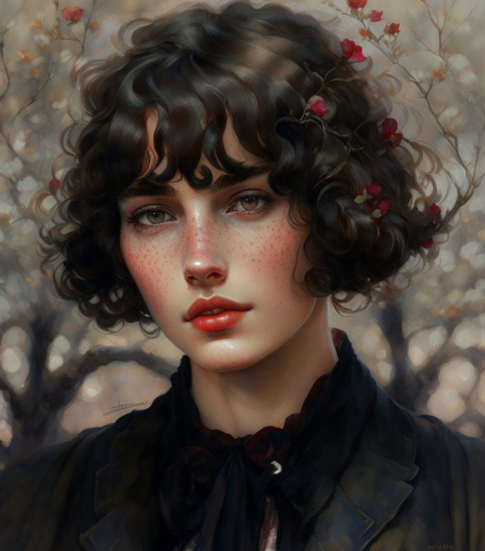 Young woman digital portrait with curly brown hair and floral accents