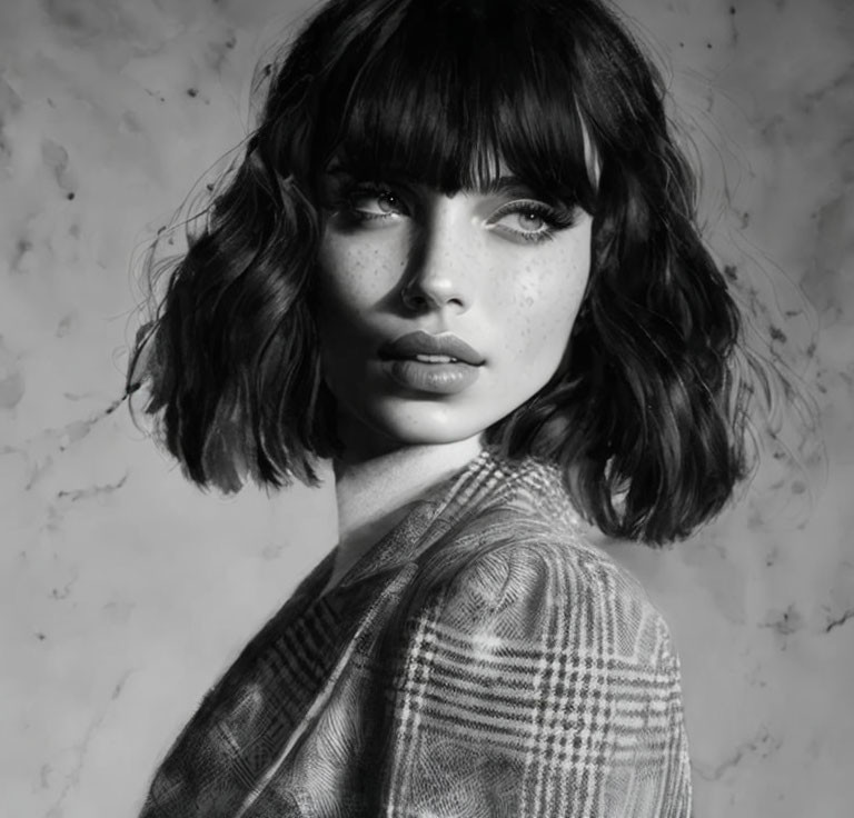 Monochrome portrait of woman with short wavy hair and freckles