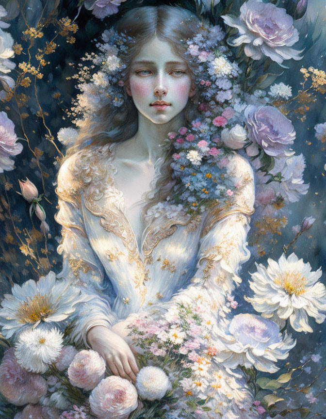 Fair-skinned woman surrounded by pastel flowers in serene setting