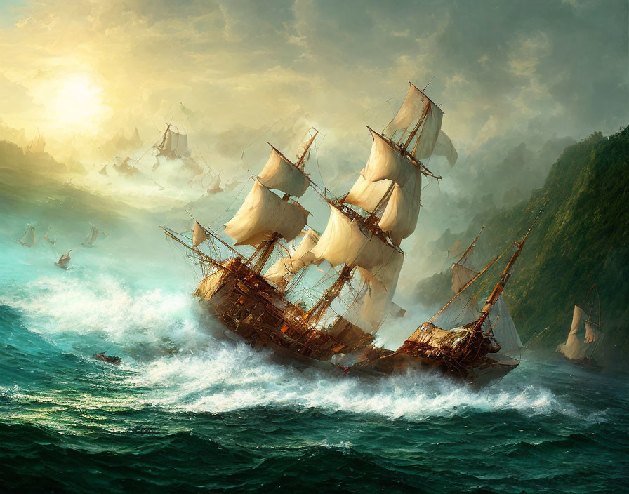 Sailing ship with billowing sails on turbulent seas near rocky coast.